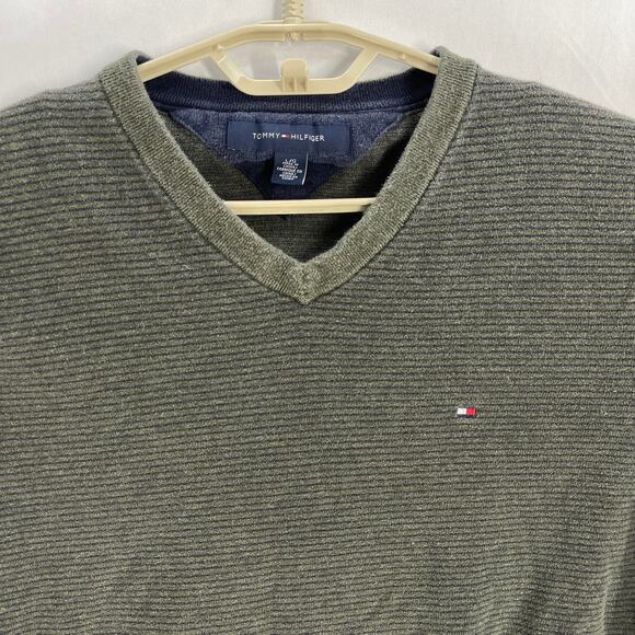 Tommy Hilfiger Sweater Mens Size L Green Blue Striped 100% Cotton V-Neck Preppy - Picture 1 of 7